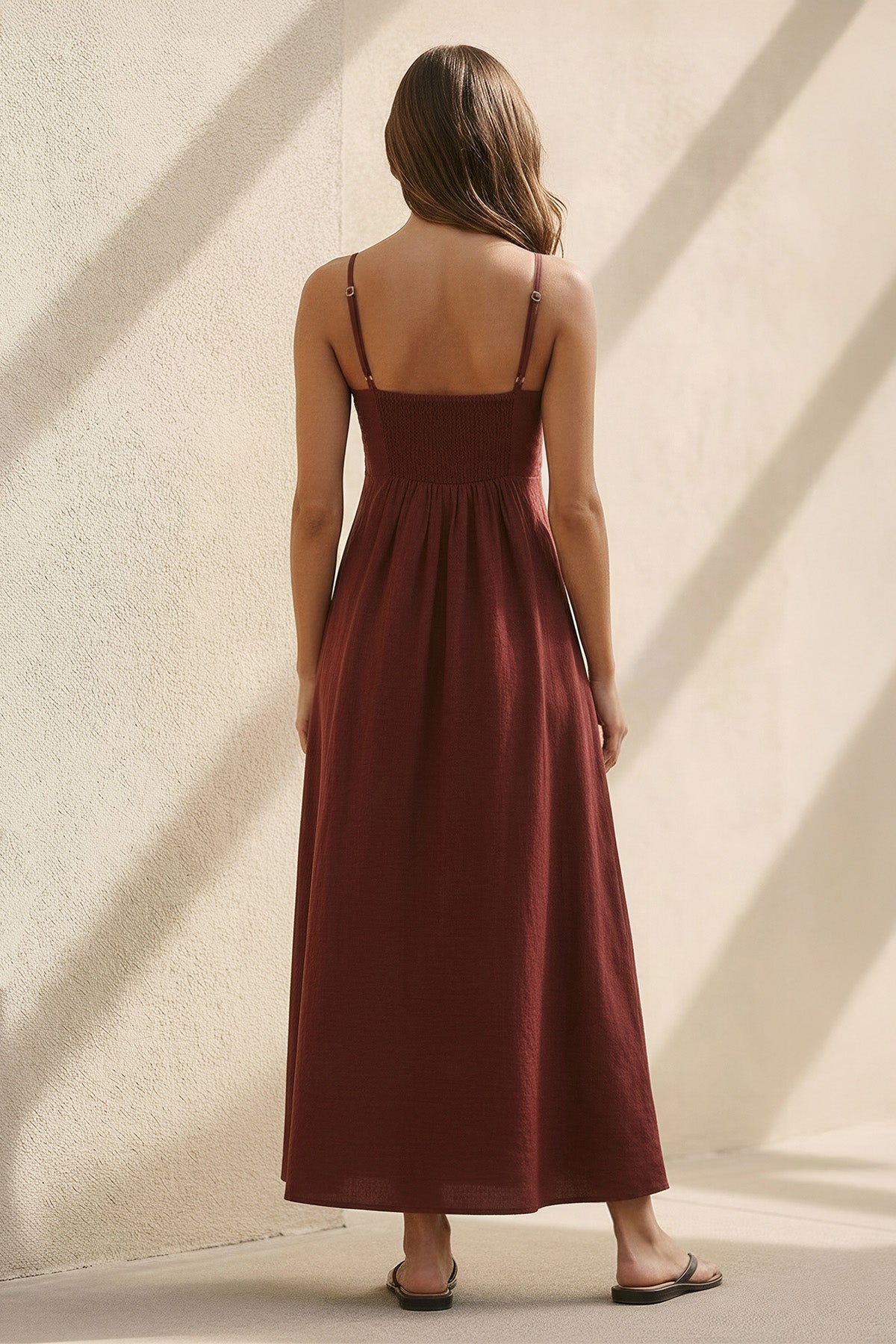V Neck A-Line Maxi Dress in Burgundy