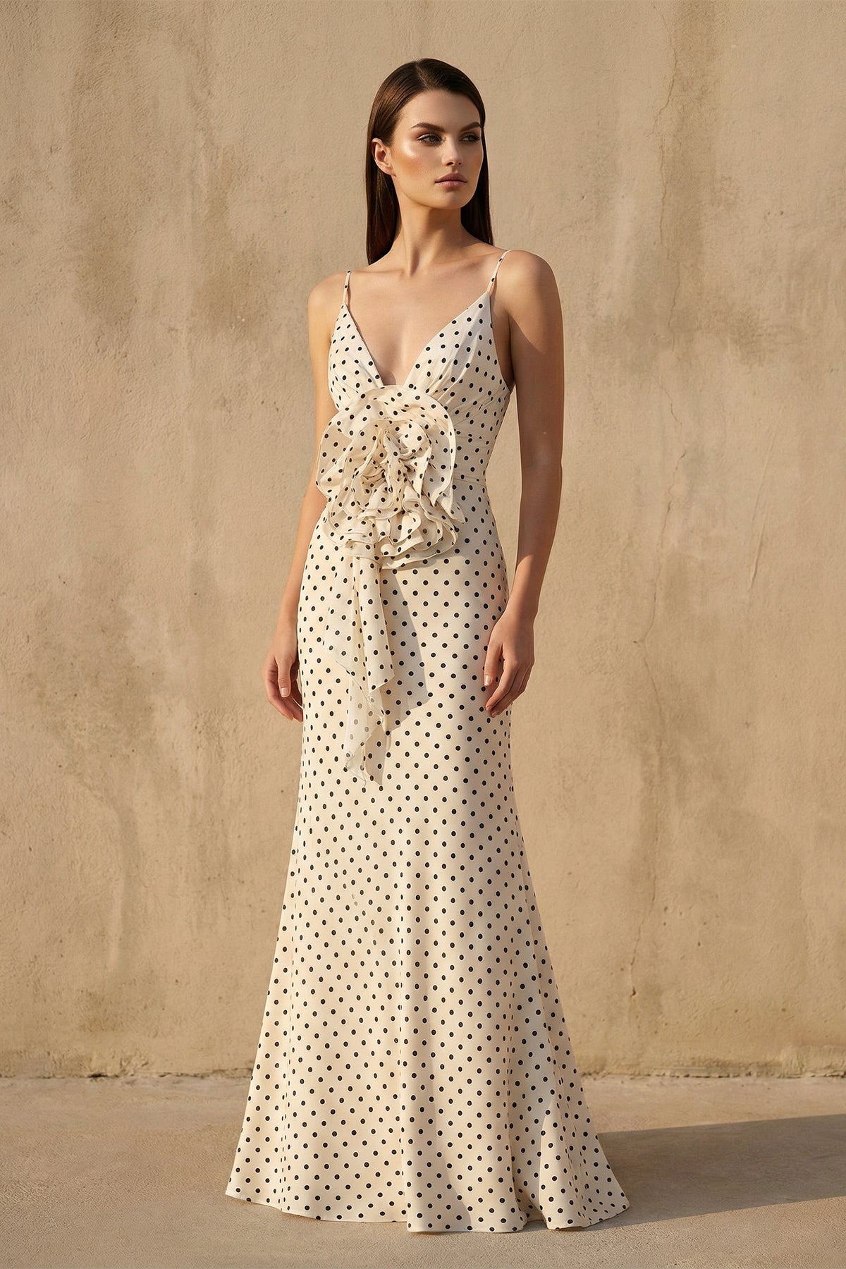 V Neck Polka Dot Ruffled Maxi Dress in Ivory