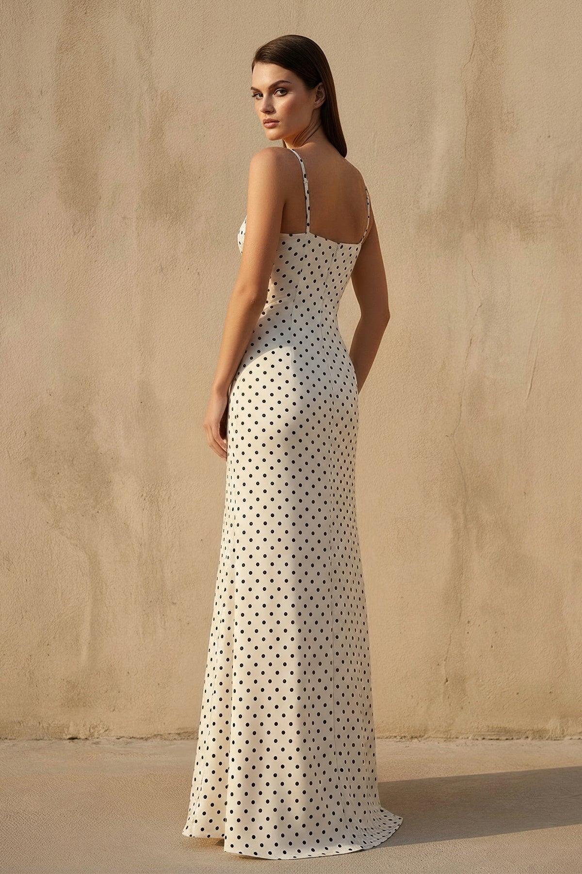 V Neck Polka Dot Ruffled Maxi Dress in Ivory
