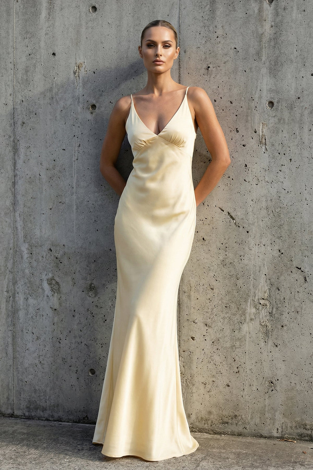 V Neck Satin Maxi Dress in Yellow