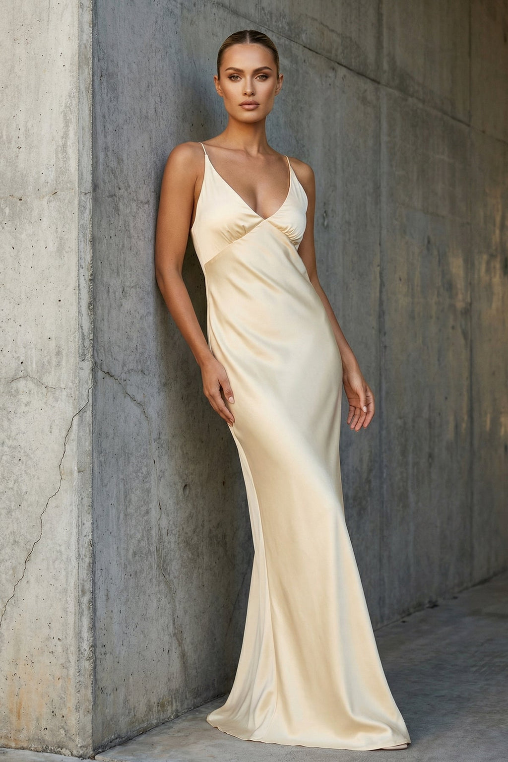 V Neck Satin Maxi Dress in Yellow