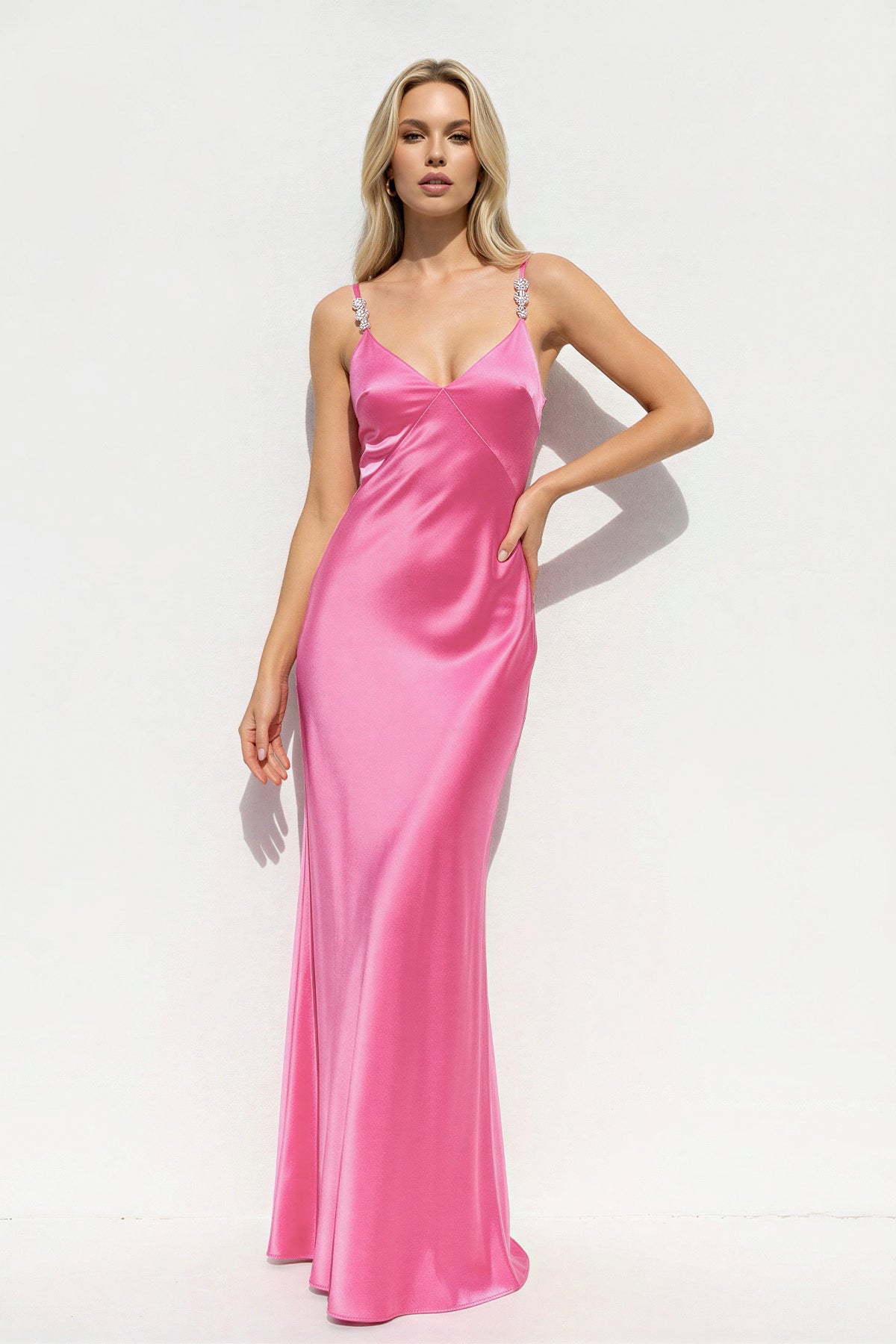 V Neck Sheath Maxi Dress With Beading in BonBon Pink