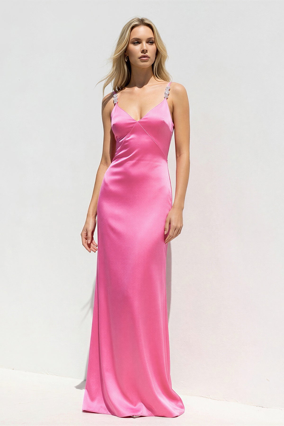 V Neck Sheath Maxi Dress With Beading in BonBon Pink